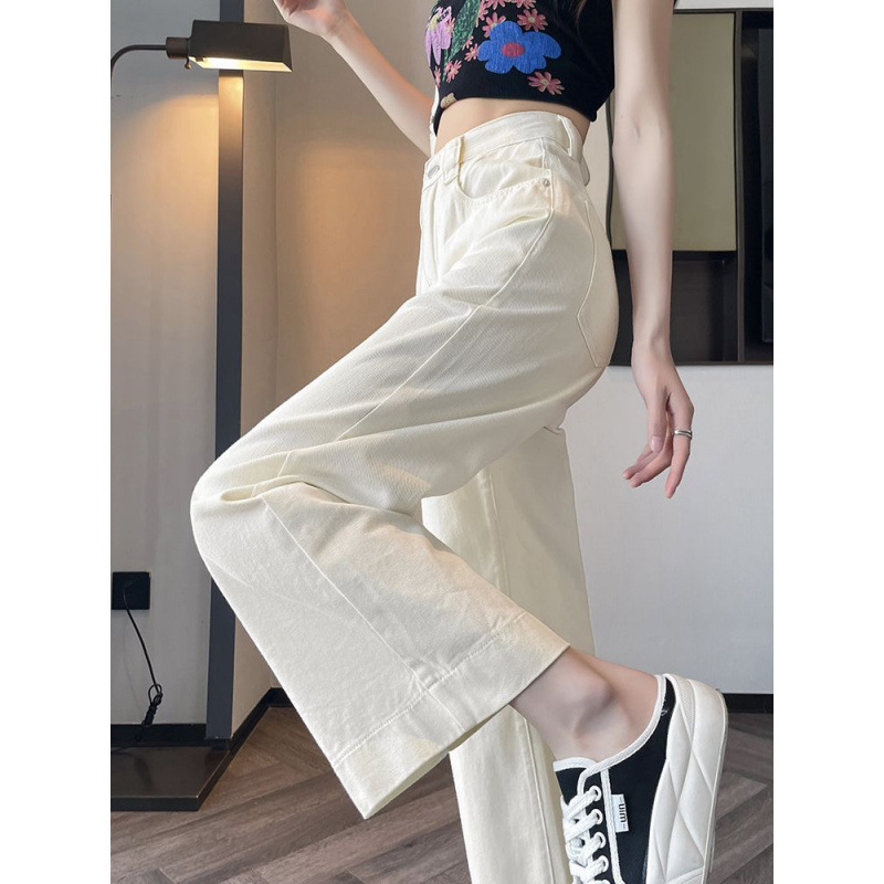 奶白色直筒牛仔裤女秋季薄款高腰宽松显瘦小个子八九分阔腿裤