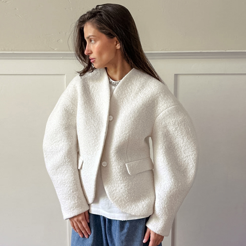 European and American Cross-Border Thickeneded Woolen Jacket for Women 2025 Autumn and Winter New Design V-Neck Pure Color Small Fragrance Top