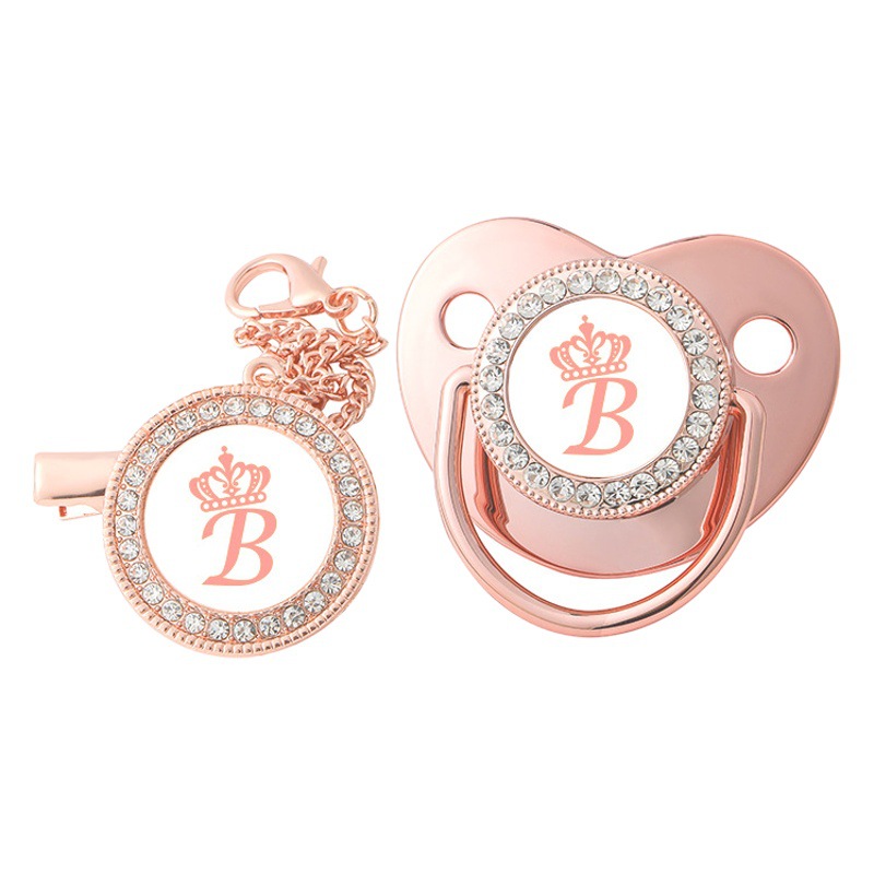 Nueva Venta caliente AliExpress 26 oro rosa corona letras bebé punto diamante calmante boca con clip de cadena
