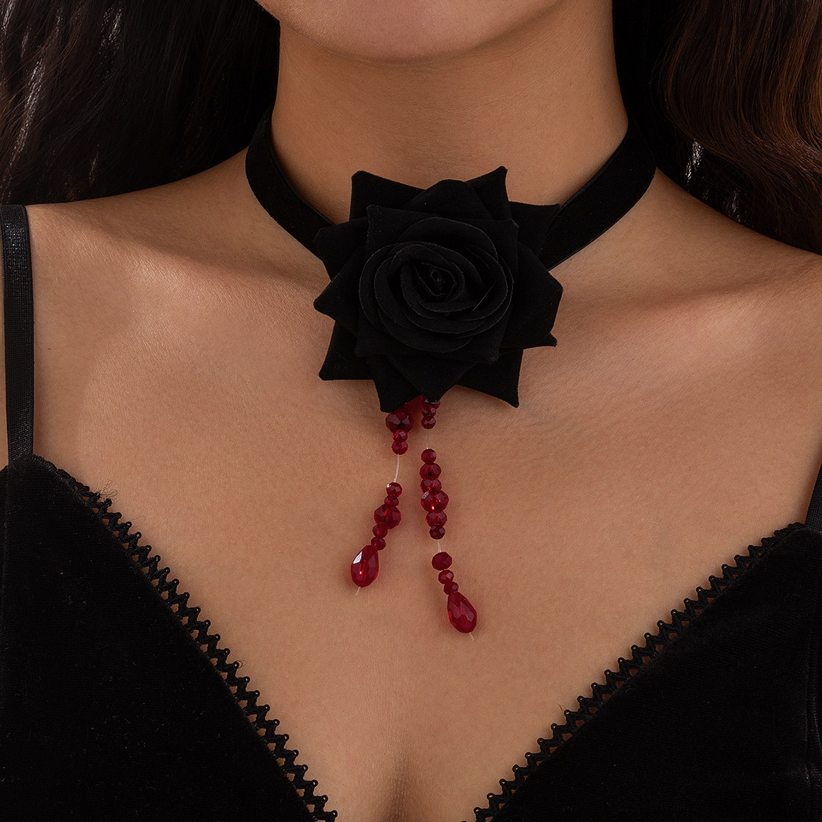 Collier à lanières en velours rose vintage, chaîne de clavicule à franges en cristal de vent foncé_voghion.com