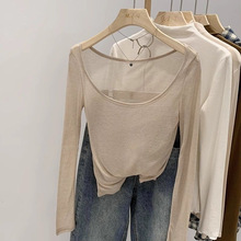 纯欲风低胸大领口内搭打底衫女性感薄款螺纹针织透视紧身防晒上衣