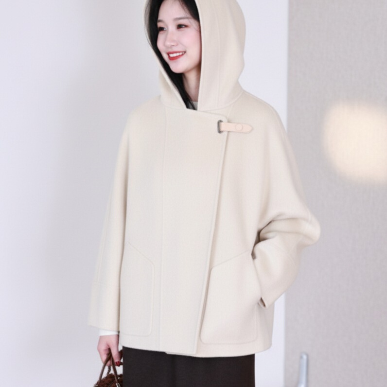 Muse Journey Retro Leather Buckle High-Quality 10 Yak Wool Double-Sided Woolen Coat Simple Versatile Hooded Short Jacket