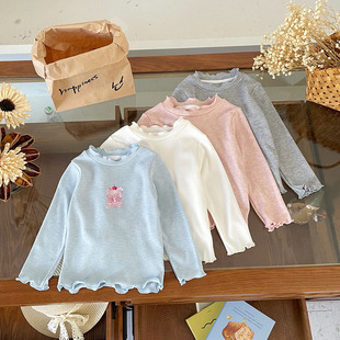 [Ready Stock] Qy252110 Girls' Bottoming Shirt 2025 Autum New Korean Style Cute Long Sleeves with Fungus Edges