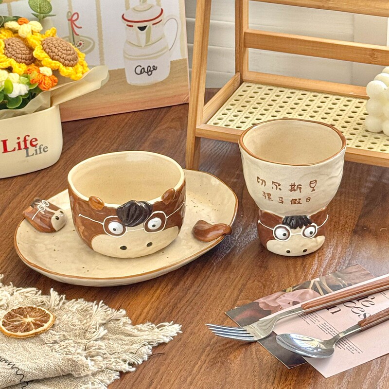 Creative cartoon mule and horse tableware, high aesthetic value underglaze ceramic water cup, home use three-dimensional relief rice bowl, plate, and dish set Creative cartoon mule and horse tableware, high aesthetic value underglaze ceramic water cup, home use three-dimensional relief rice bowl, plate, and dish set
