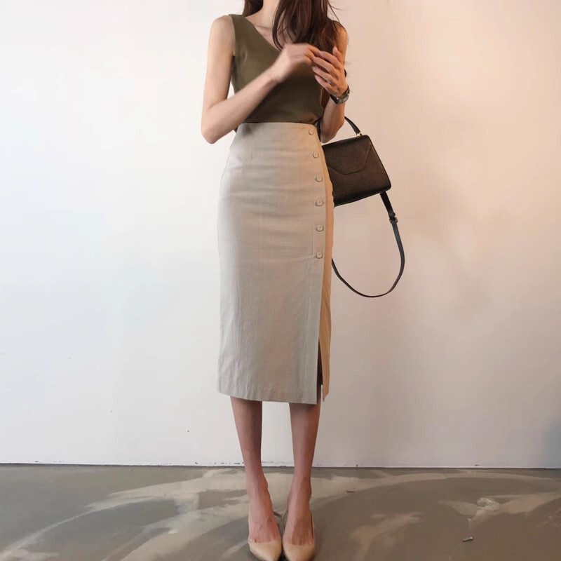 Cotton and Linen Slit Skirt for Women 2026 New High-Waisted Drapey Skirt Petite Elegant Mid-Length Pencil Skirt