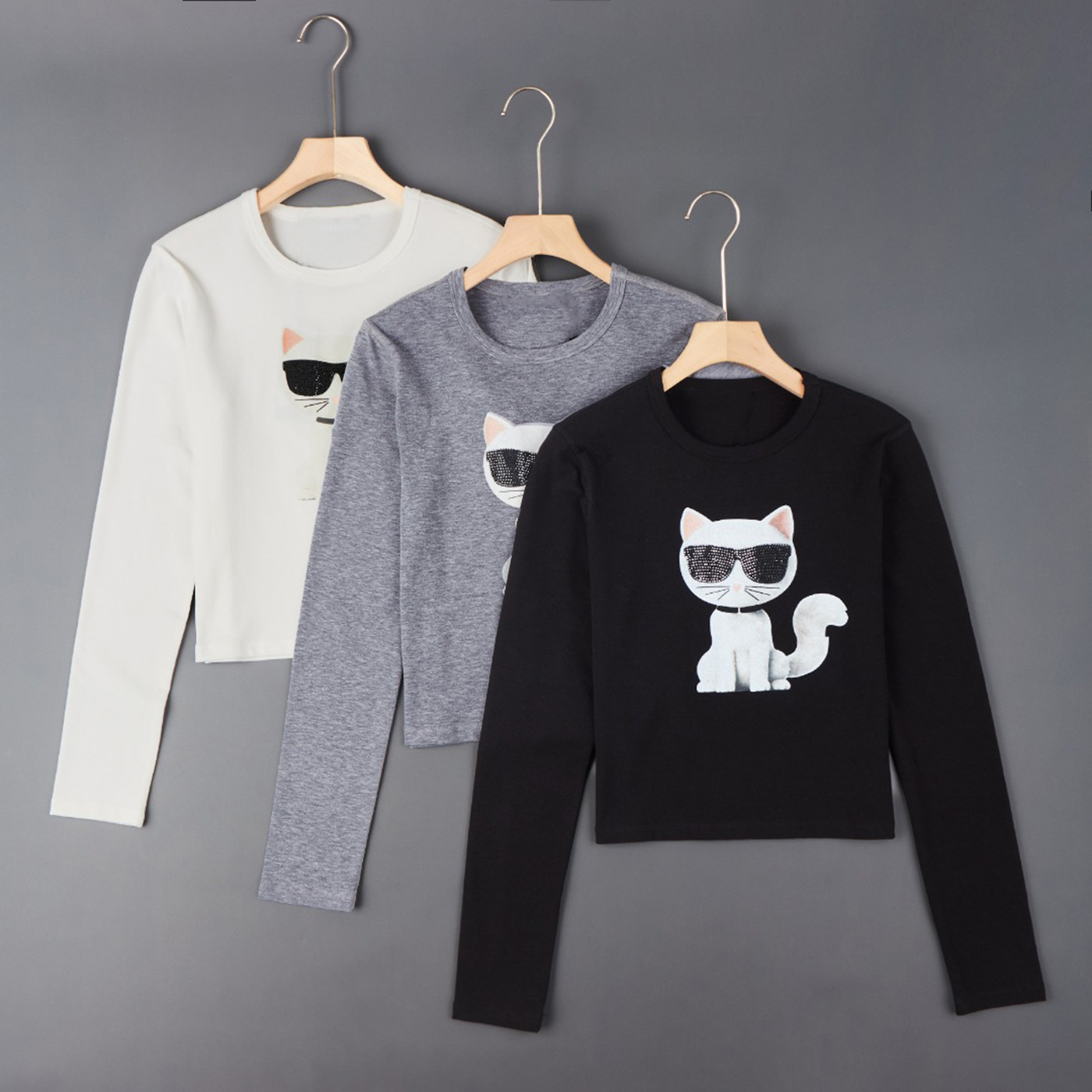 American-style soft printed rhinestone cartoon cat round neck casual short long-sleeve T-shirt 269-5