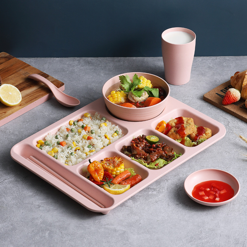 Plato de paja de trigo para adultos conjunto de seis piezas separado plato grande Arroz Tazón Cuchara Taza placa traje cantina estudiante engrosamiento image 3