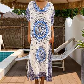 欧美跨境人棉定位印花沙滩罩衫宽松大码比基尼长袍罩衫温泉度假衫