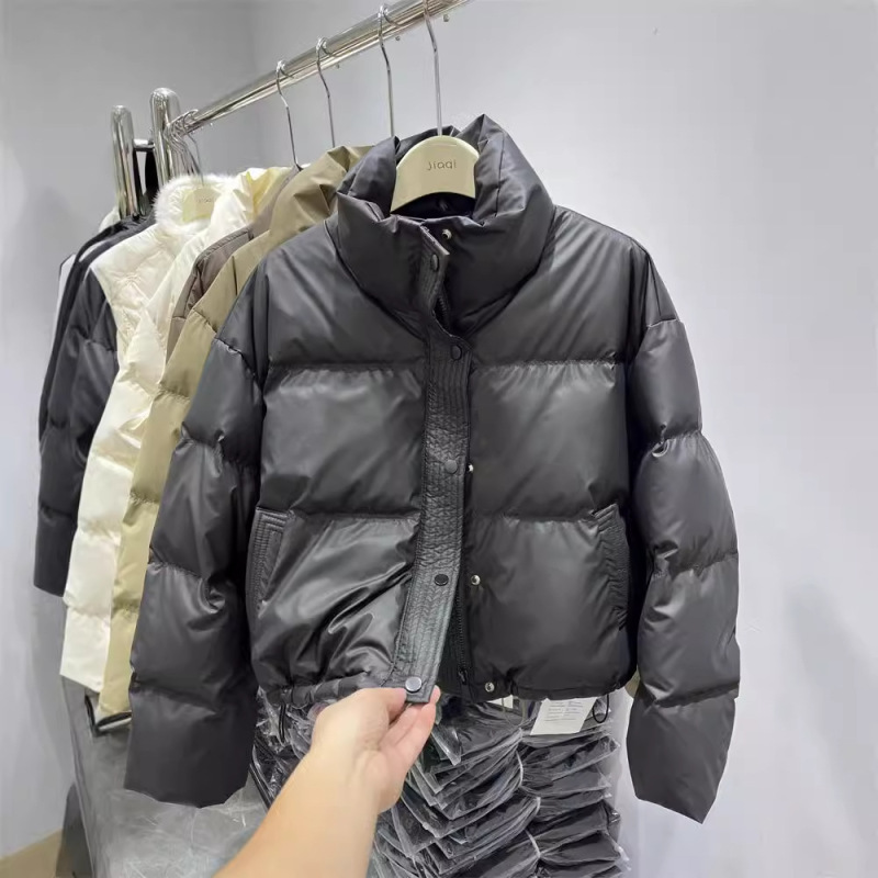2024 Winter New Leather Down Jacket Women's Ultra-short Vertical Collar European and American Wash-free PU Leather Thickened White Duck Down Jacket