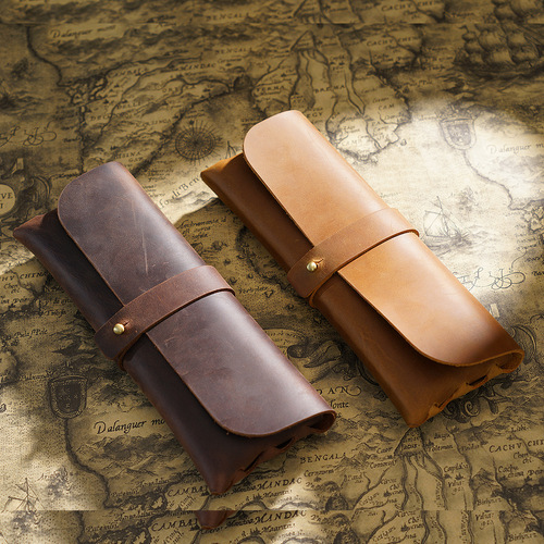 First-layer cowhide vintage Korean-style pencil case, minimalist Instagram-worthy trendy design, large-capacity leather stationery box perfect for Japanese-style elementary and middle school students.