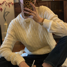 RL拉夫小马标刺绣麻花圆领针织女打底绞花套头毛衣纯棉米白色现货