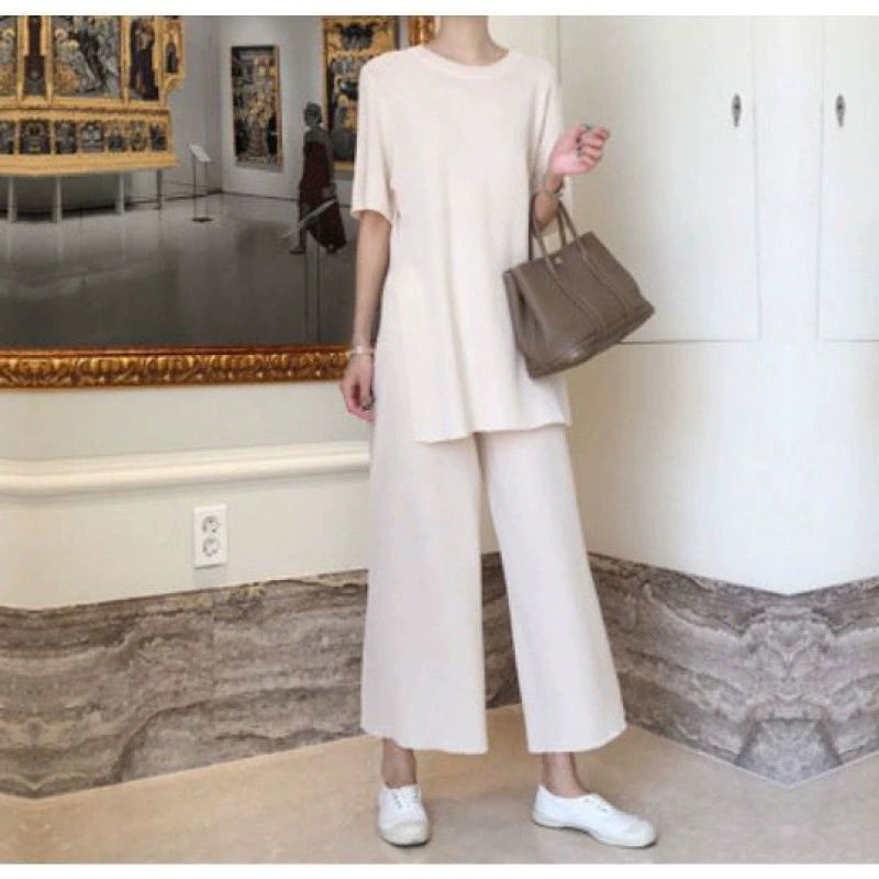 Корейский стиль, модный трикотаж с разрезами, большие размеры, широкие брюки с девятью точками, ленивый повседневный комплект из двух предметов, небольшой ароматный костюм