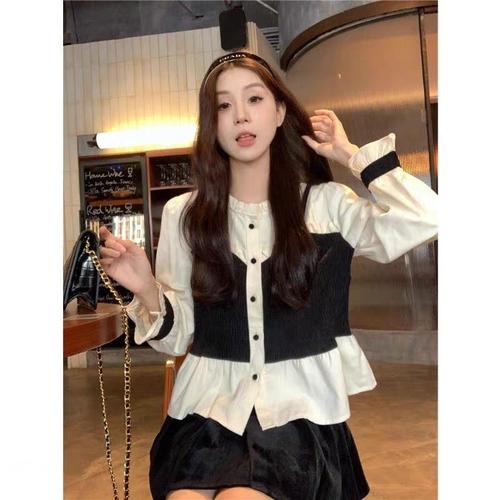 French retro design contrasting two-piece blouse, 2024 early spring new women's single-breasted multi-button long-sleeved top
