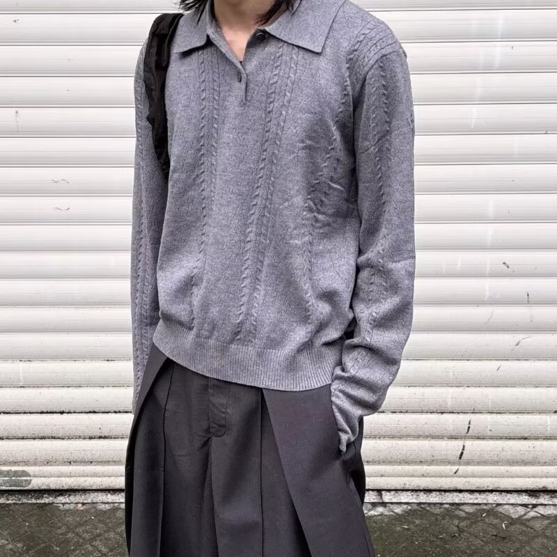 Men's Retro Knit Sweater – Oversized Collared Pullover With Wrinkle-Free Fabric (Gray, M-3XL)_voghion.com