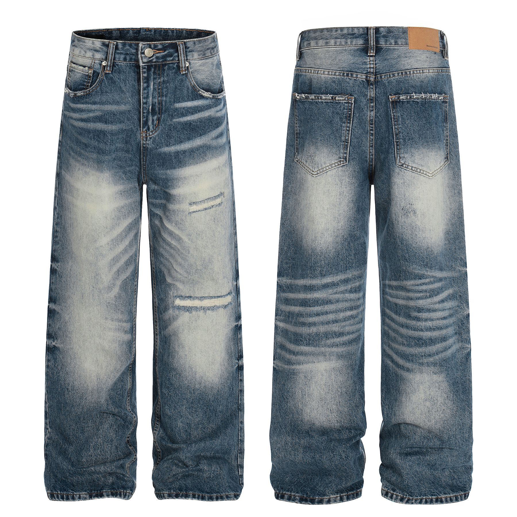 Men's High Street Style Jeans Loose Fit Retro Denim Whisker Texture Washed Feel_mkmklike.com