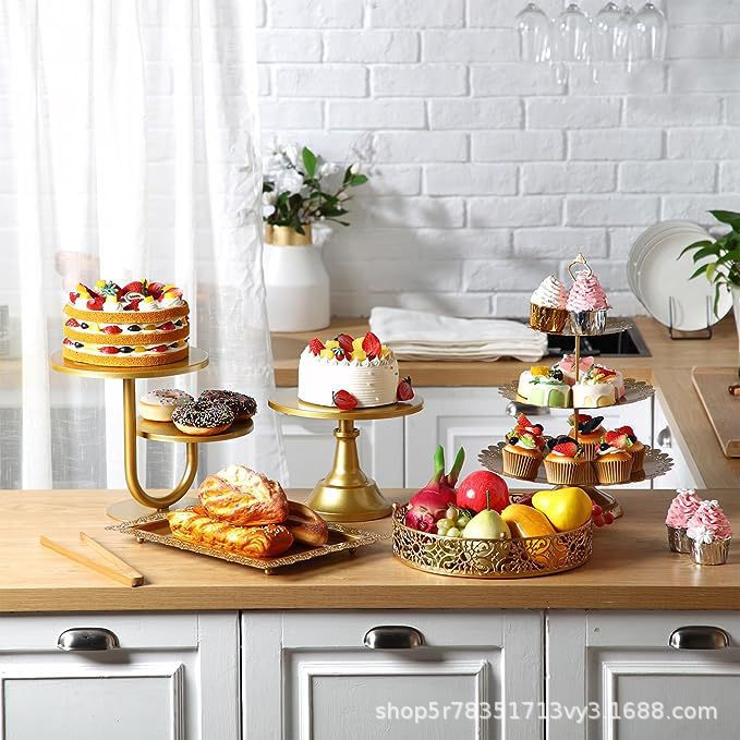 Retro golden postre estante cupcake pasteles dulces placas de exhibición golden pastel estante redondo metal pastel estante image 2