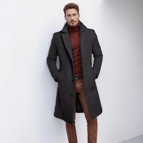 Autumn and Winter Men's Long-Powered Single-Color Wool Coat Warm Youth Wool Material Windbreaker Jacket for Men