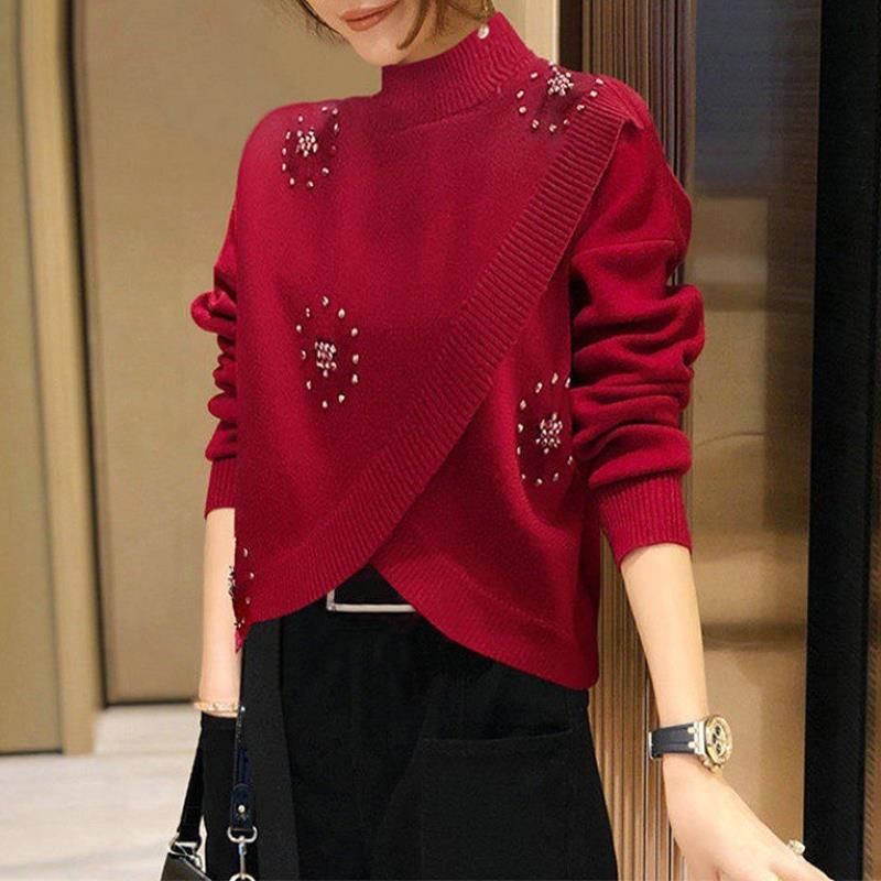 High-end Stylish Nail Drill Cross Short Long-sleeved Sweater Women's Autumn and Winter Fashion Half-high Collar Loose All-match Sweater Trendy