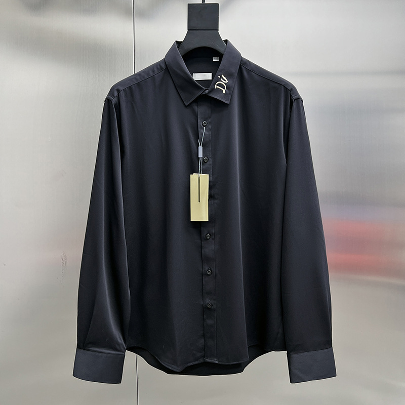 2025 Autumn New No-Iron Men's Letter Embroidery Signature Shirt Men's Long Sleeve Shirt Solid Color Base Shirt Trendy