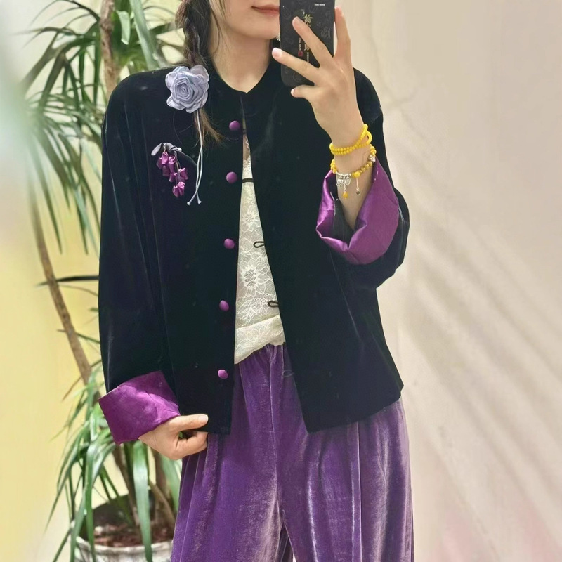 2025真丝丝绒外套撞色袖口搭配小辣椒超级好看落肩阔版大气上衣女|undefined