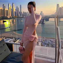 高档外贸精品女装ins优雅气质纯色连衣裙半领长袖性感开叉花朵裙