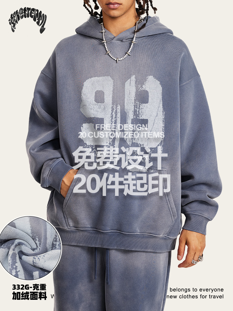 2025 otoño estilo americano de moda calles retro lavado impresión digital de veludo estudiantes sueltos sudadera encapuchada hombre
