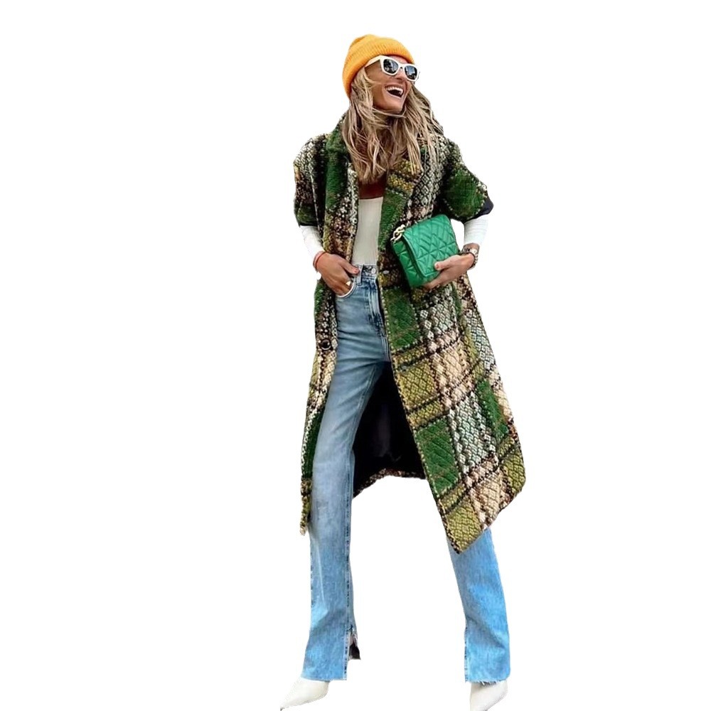 Women's Clothing Autumn and Winter New Women's Fashion Long Sleeve Lapel Jacket Printed Tweed Long Coat_ipsvogv.com