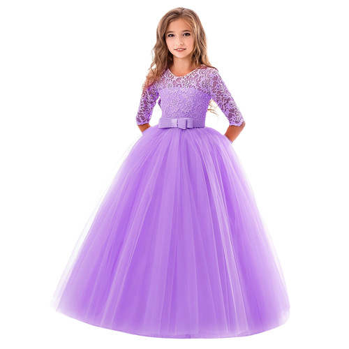 Winter and Spring New Women's Children's Dress Long Sleeve Lace Princess Dress Girl Host Performance Costume European and American Long Dress