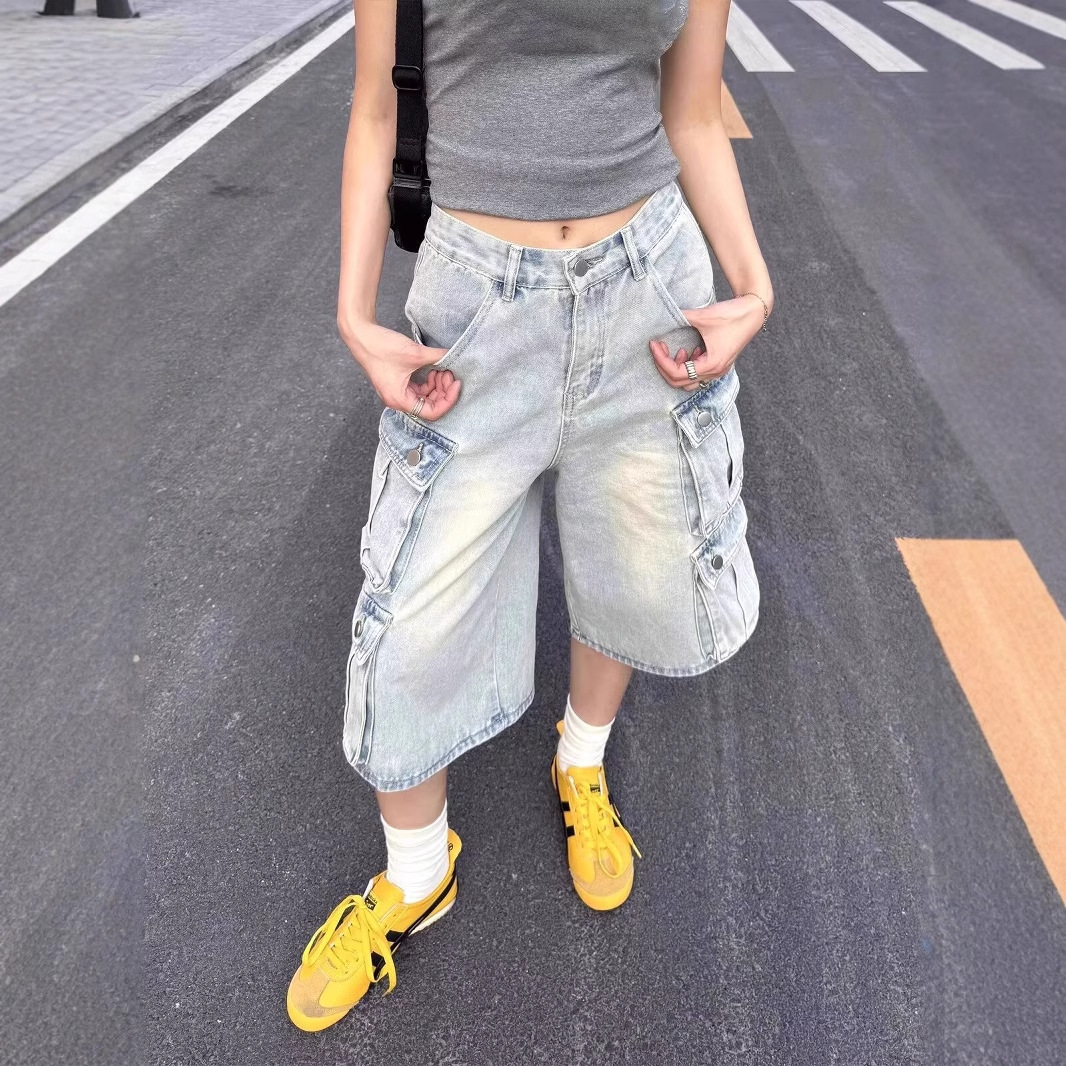 Vintage Washed Distressed Multi-Pocket Denim Cargo Shorts Unisex Summer Street Loose Slimming Cropped Pants Wholesale