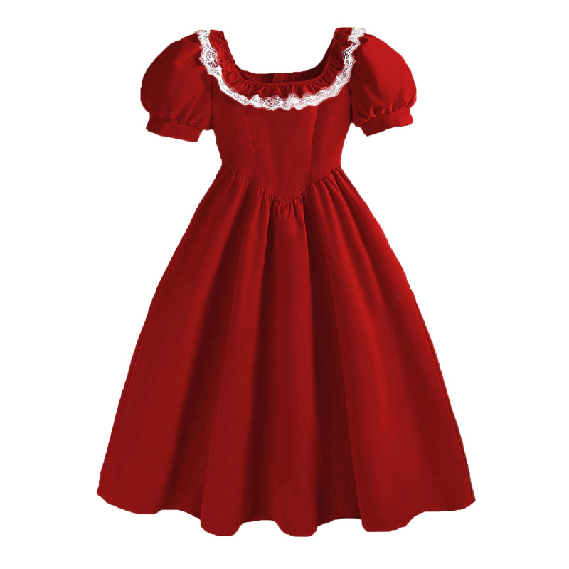 Girls' Summer French Elegant Style Dress Square Neck Puff Sleeve Princess Mid To Large Children's Clothing_voghion.com