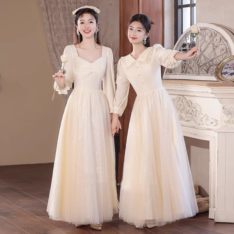 Champagne-Colored Bridesmaid Dress 2026 New Style, Light Luxury Velvet Sister Group Dress, Long-Sleeve Slimming Summer-Autumn Performance Gown