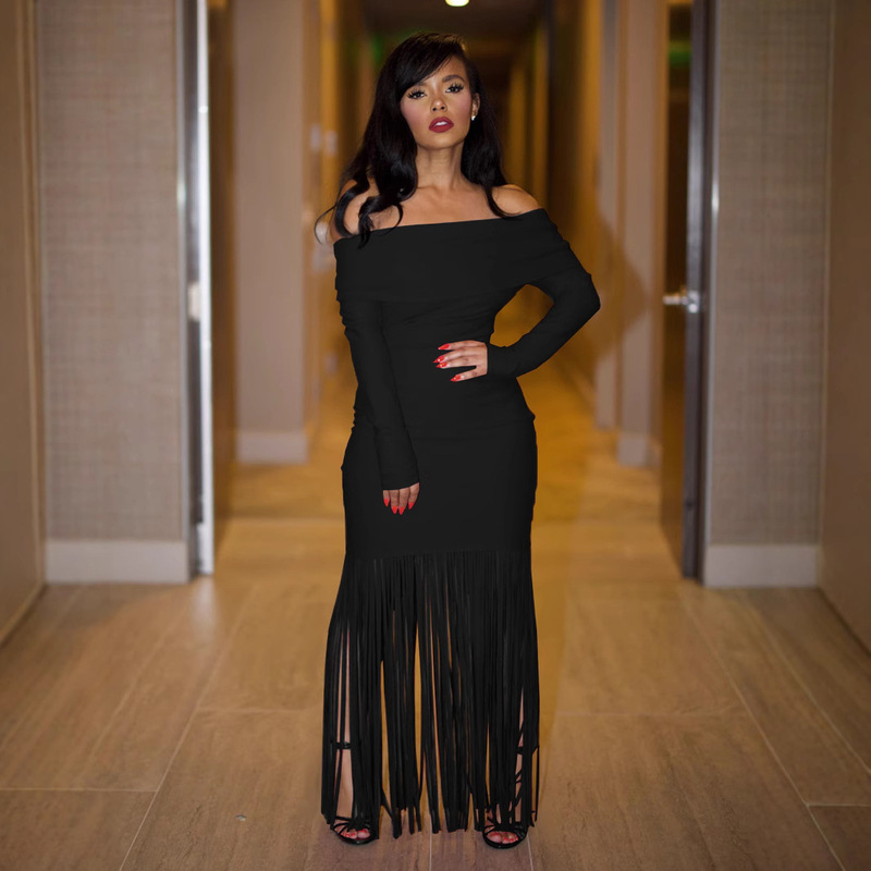 M3065 European and American Style Sexy Off-Shoulder Elegant Slim Fit Tassel Bodycon Long Sleeve Strapless Evening Dress M3065 European and American Style Sexy Off-Shoulder Elegant Slim Fit Tassel Bodycon Long Sleeve Strapless Evening Dress