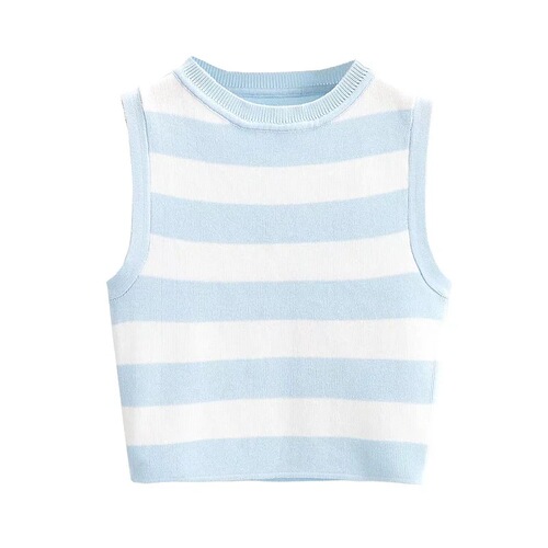Fashionable Hot Girl Stretch Tight Round Neck Pullover Top Women's High Waist Bare Navel Striped Knitted Short Vest Wholesale
