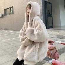 韩版宽松毛绒绒外套冬仿獭兔毛仿皮草中长款大码加厚连帽大衣
