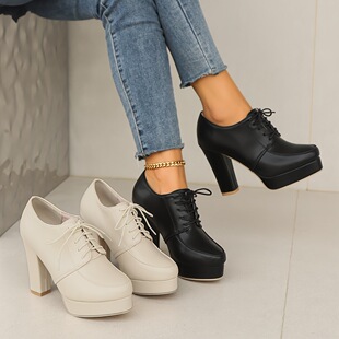 D 33525 Front Lace Up Chunky Heel Shoes �ָ�ϵ����Ь