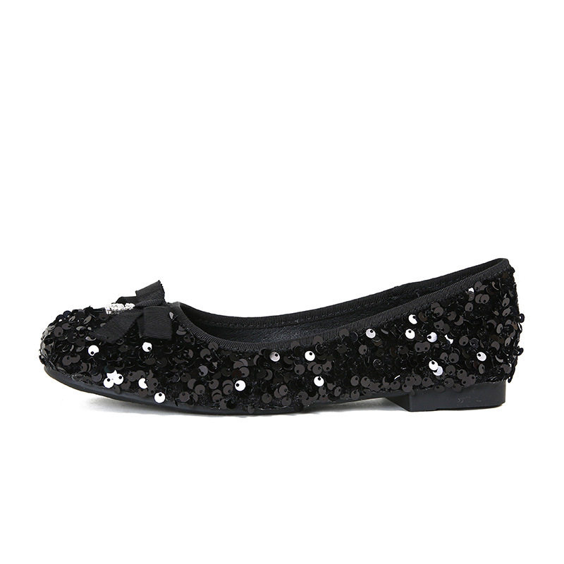 Giày búp bê nữ mũi vuông đế nhỏ đính sequin nơ, kiểu Mary Jane lười gót thấp 1–3 cm — Màu bạc, Màu đen