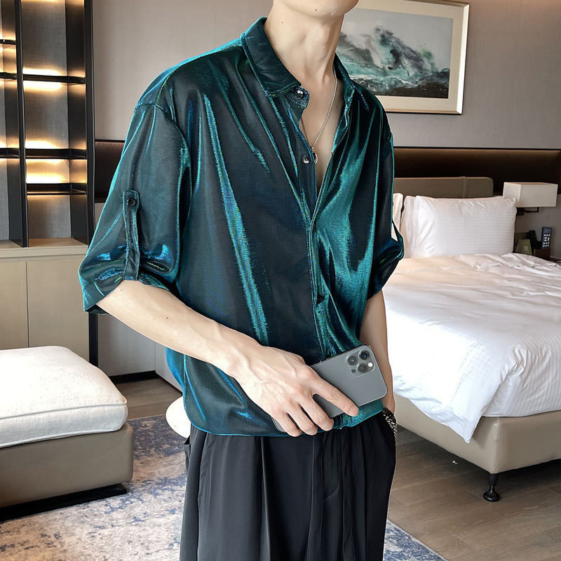 Men's Fashion Same Style TikTok Quality Summer New Men's Sequin Luminous Mid-Sleeve Shirt Night Shop Stylist Performance