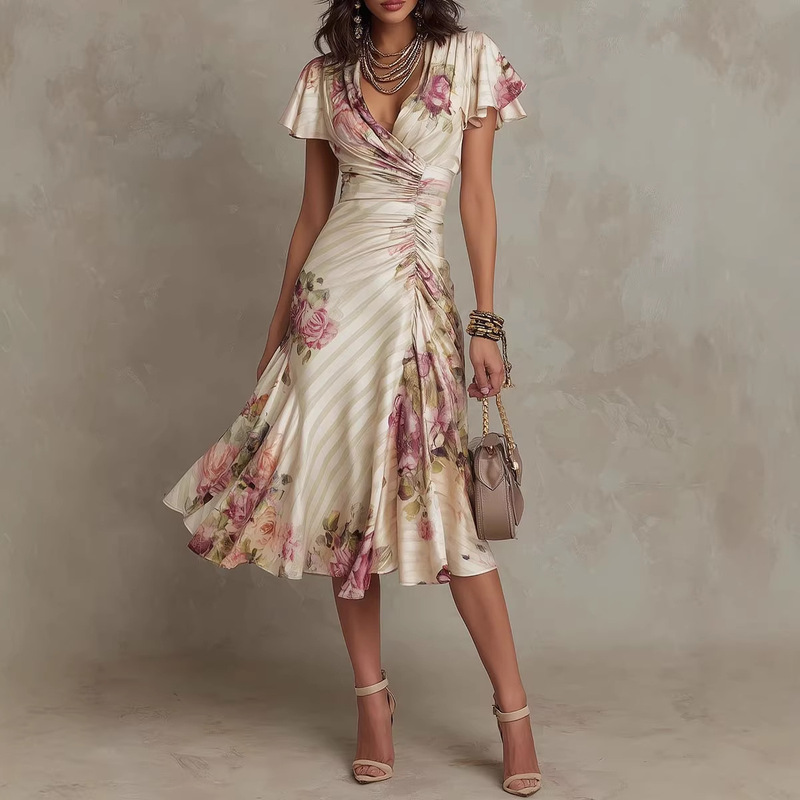 Amazon Independent Site 2026 Spring/Summer New Printed Pleated Floral Dress