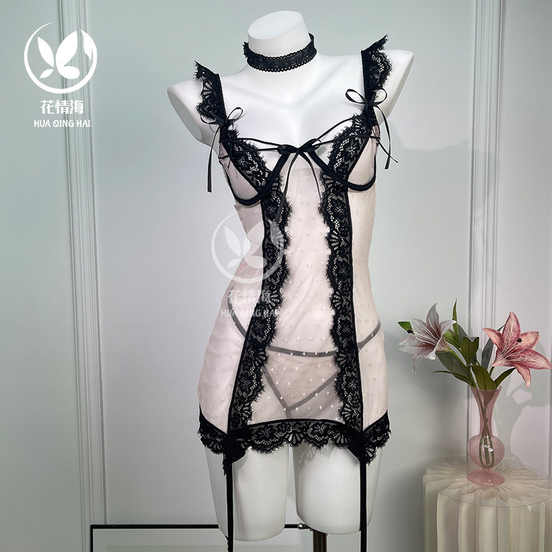 Floral Romance Sexy Lingerie New Style Strap Nightgown Pure Desire Romantic Lace Hollow Out Side See-Through Nightdress A1134