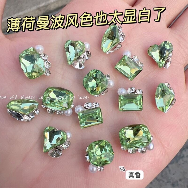 Mint Mambo Style Green Nail Art Heap Drill Finished Crooked Heart Square Love Fat Square Axe Drill Super Flash Light Luxury Nail Art