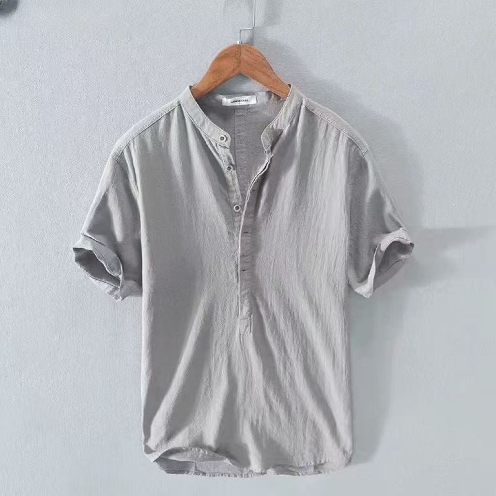 Camicia da uomo taglie forti in cotone e lino a maniche corte, vestibilità ampia e casual, ideale per l'estate._voghion.com