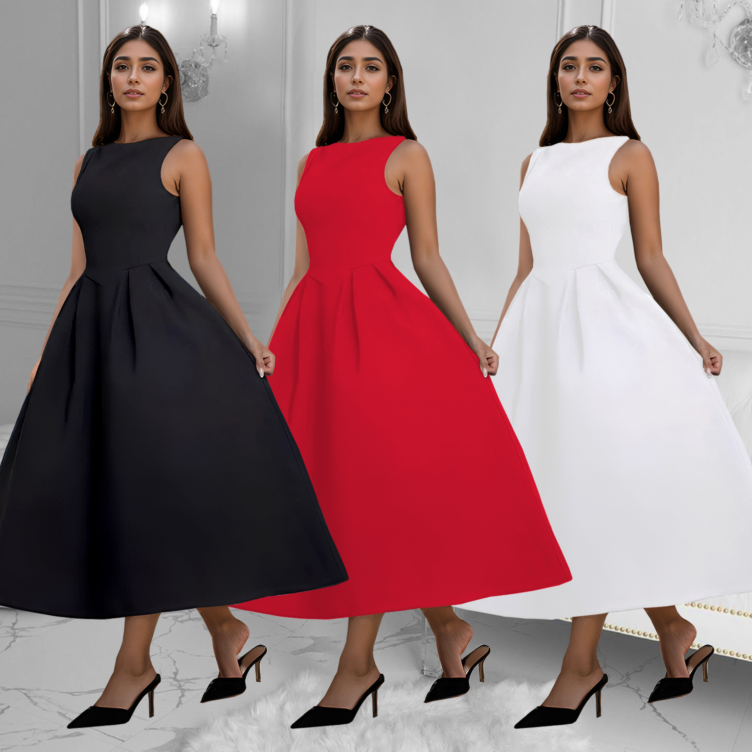 C7145 Aliexpress transfronterizo Amazon Europa y América de moda de mujer retro francés sin mangas vestido largo