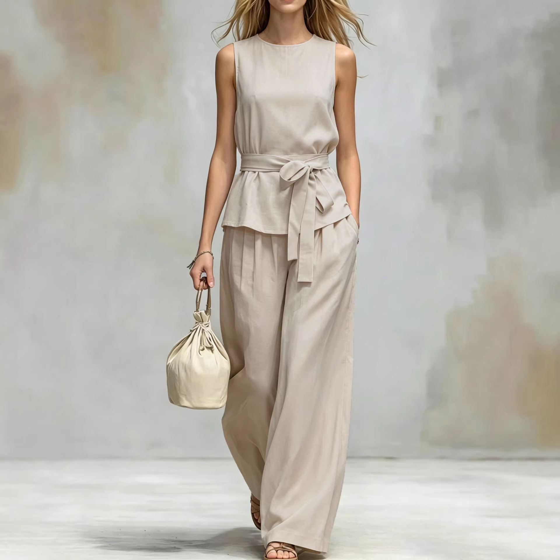 Women's Clothing Women's Spring Summer Two Piece Set Sleeveless Top And Belted Pants Casual Solid Color Style_ecoleips.com