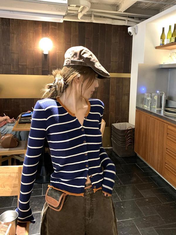 撞色条纹针织开衫女秋季新款韩系穿搭chic修身内搭打底上衣T恤|undefined