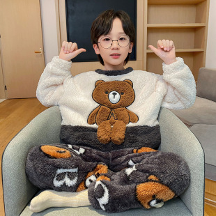 Winter Boys' Pajamas Children's Coral Fleece Thickened fleece-lined Flannel Warm Boys' Teenagers Home Clothes suit