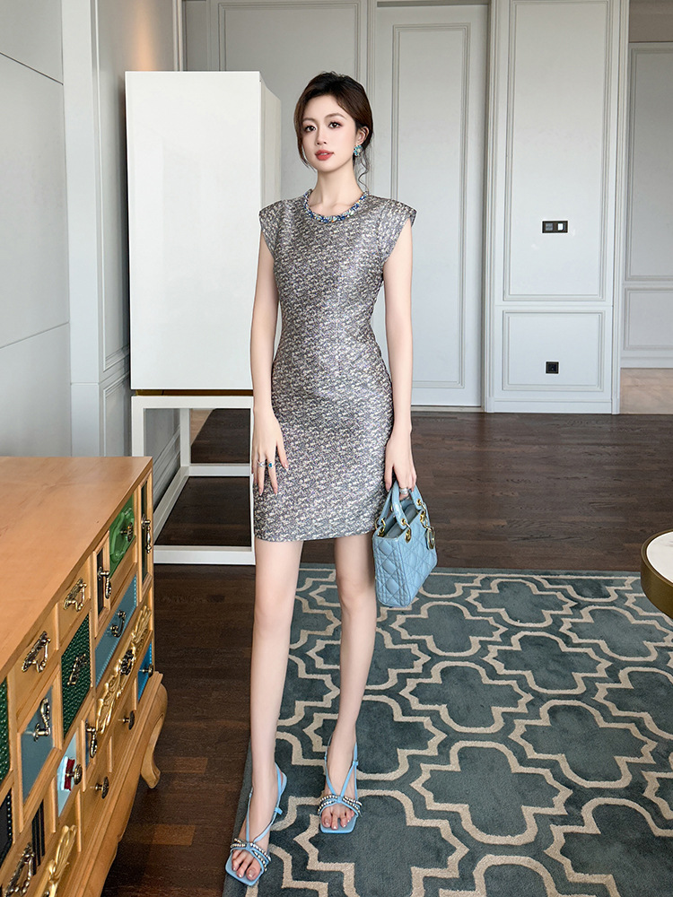 Váy liền thân nữ cổ tròn họa tiết jacquard, thiết kế eo ôm dáng không tay — Màu xám xanh lam