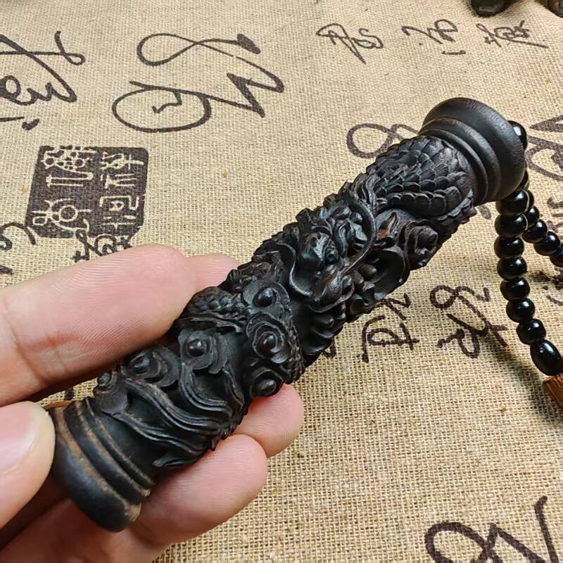 沉香木雕刻盘龙柱手把浮龙柱子创意文玩手把件车内挂件木质工艺品|undefined