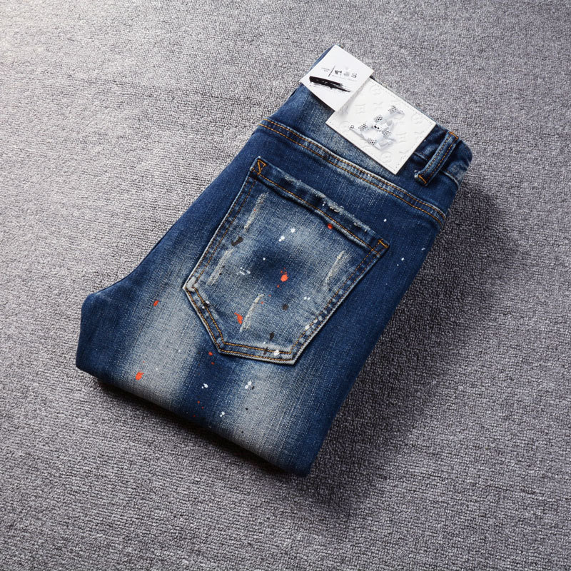 Men's Retro Blue Washed Jeans | Splatter Paint & Ripped Detail | Relaxed Straight Leg Denim Pants Comfortable Straight Leg Fit_viptrois.com