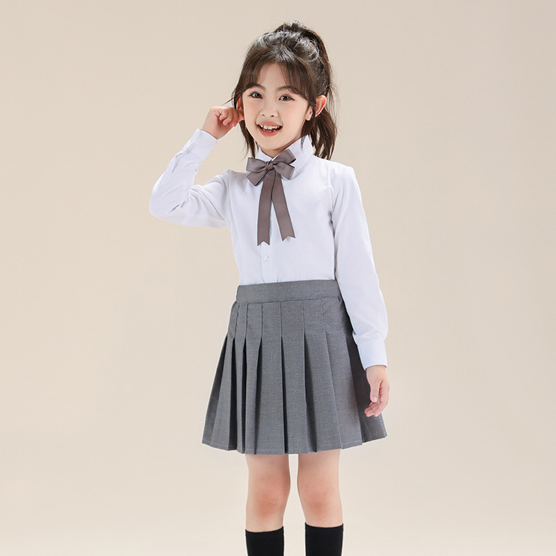 Traje de camisa blanca para niñas Camisa blanca de manga larga estilo universitario para niños Falda plisada Ropa de actuación de jardín de infantes para estudiantes de primaria