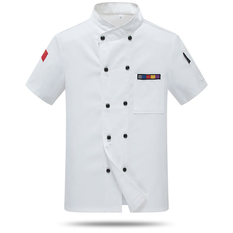 En stock impreso chef ropa verano traje fino cocina restaurante media manga transpirable verano moda chef ropa manga corta